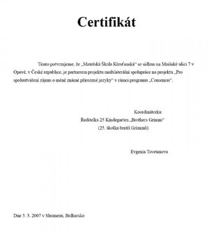 Certifikát o účasti v projektu